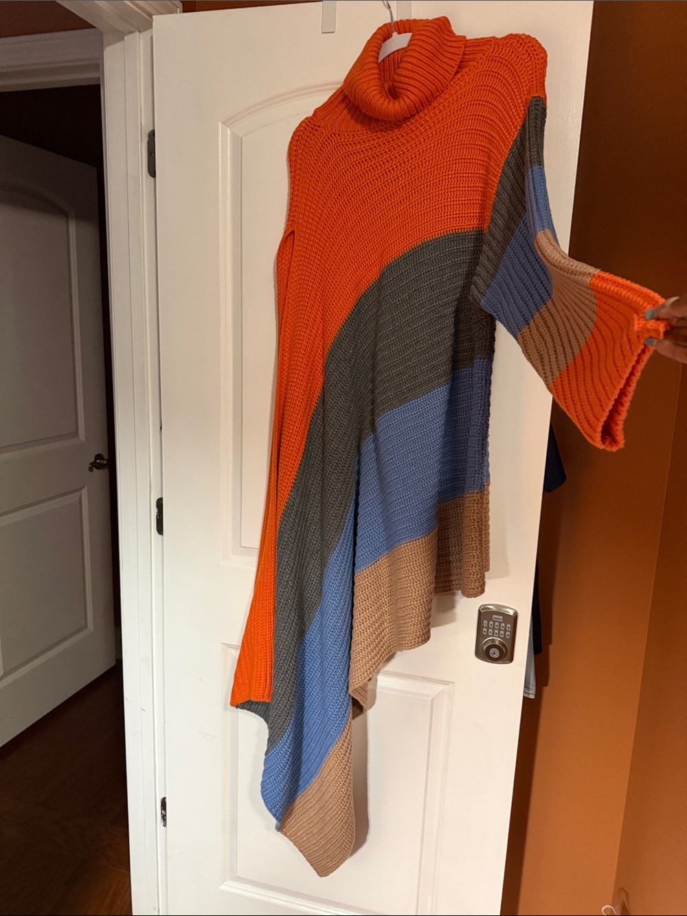 Asymmetric Colorblock Cowl Neck Sweater - Orange, Gray, Blue, Tan